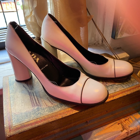 Prada Shoes - Prada Pink Gradient Leather Round-Toe Block Heel Pumps